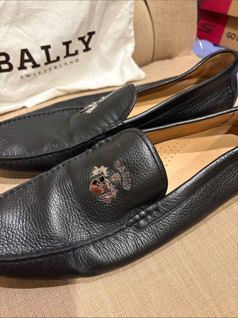 BALLY Black Leather Crest Slip-On Loafers
